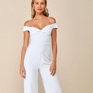 Lulus Stunning Existence White Off-the-shoulder Knot-front Jumpsuit - Size L